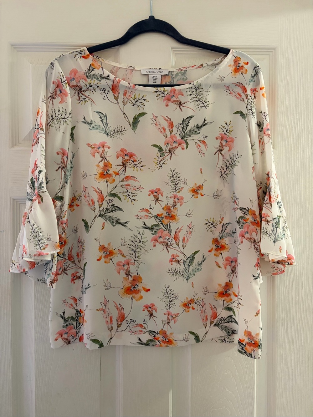 Tabitha Webb Floral Ruffle-Sleeve Blouse in Cream with Pink & Orange Blooms